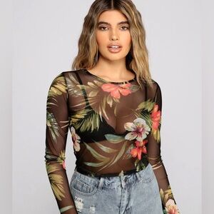 Tropical Long Sleeve Mesh Crop Top